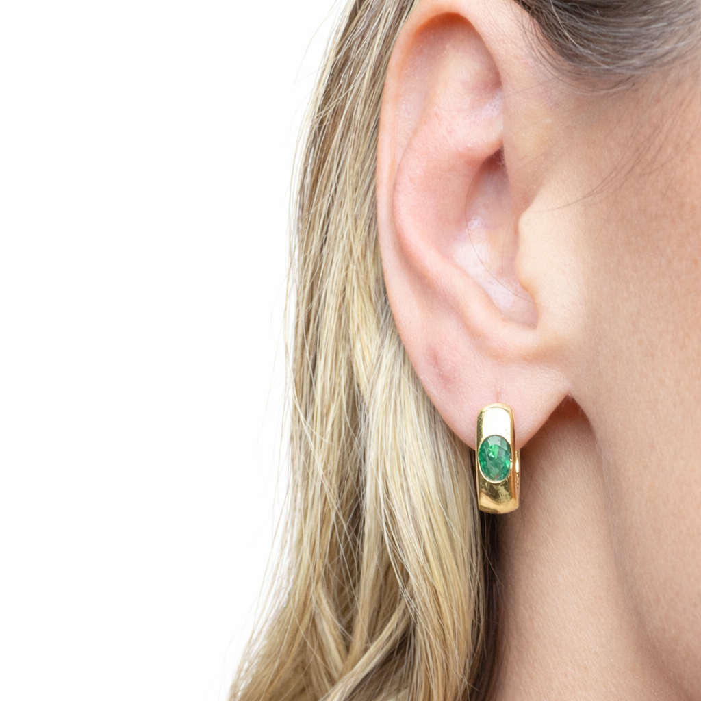 Emerald Oval Hoop Gold Earrings