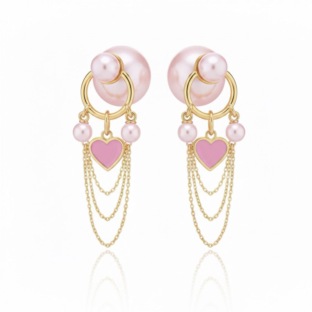 Pink Heart Pearl Chain Dangle Earrings