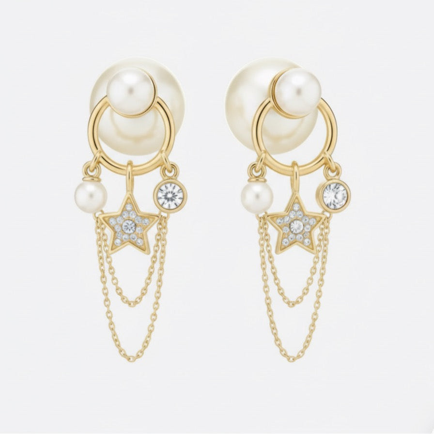Celestial Gold Star & Pearl Chain Drop Earrings