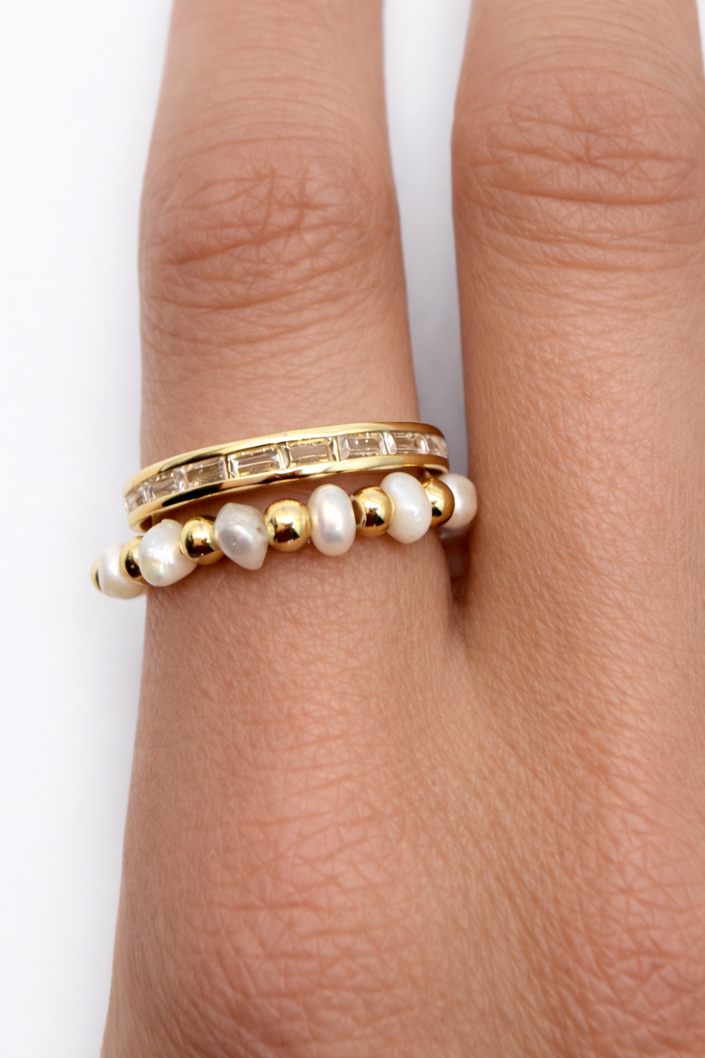 Bundle Pearl Form Ring & Mini Baguette Gold Ring