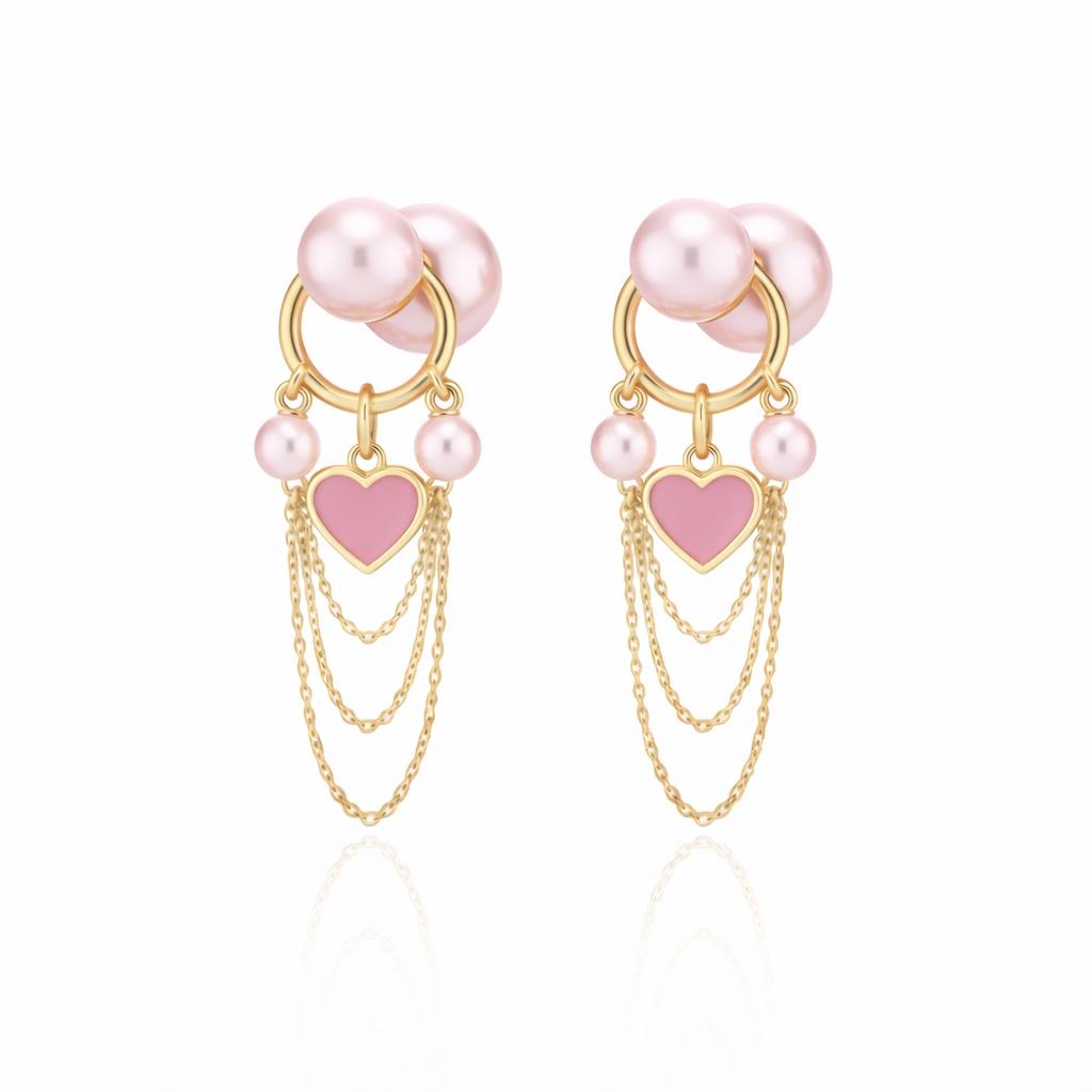 Pink Heart Pearl Chain Dangle Earrings
