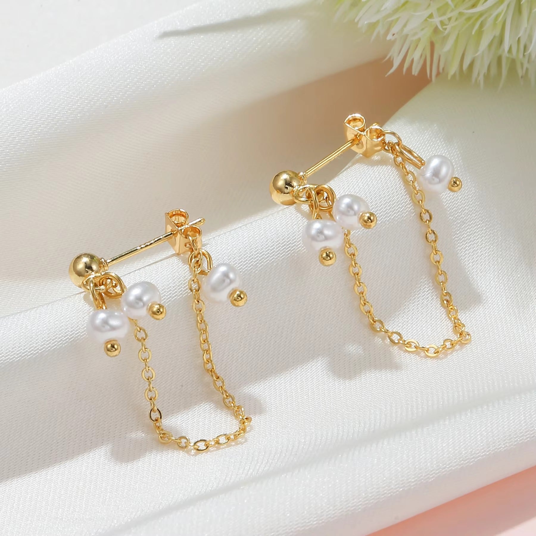 Pearl Cluster Double Chain Stud Earrings