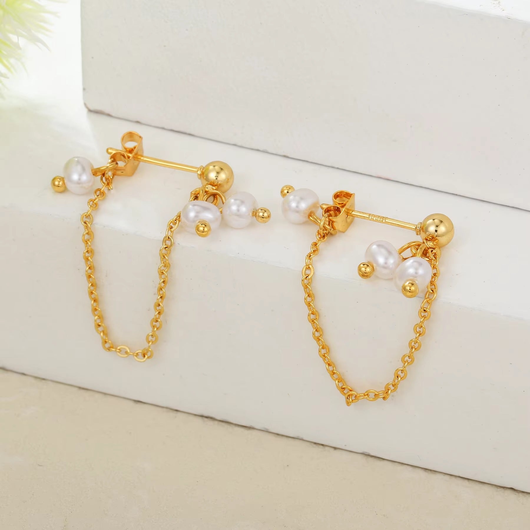 Pearl Cluster Double Chain Stud Earrings