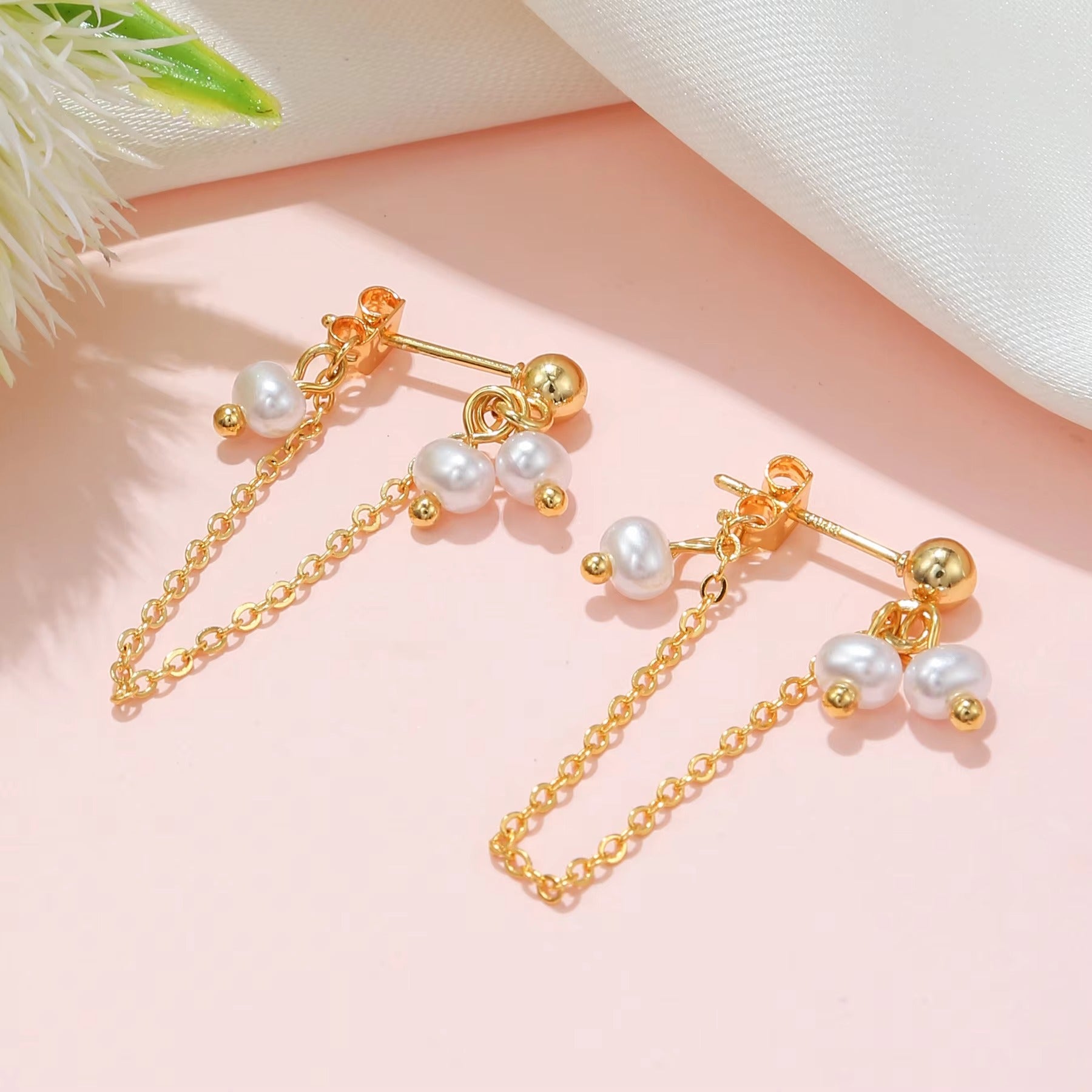 Pearl Cluster Double Chain Stud Earrings