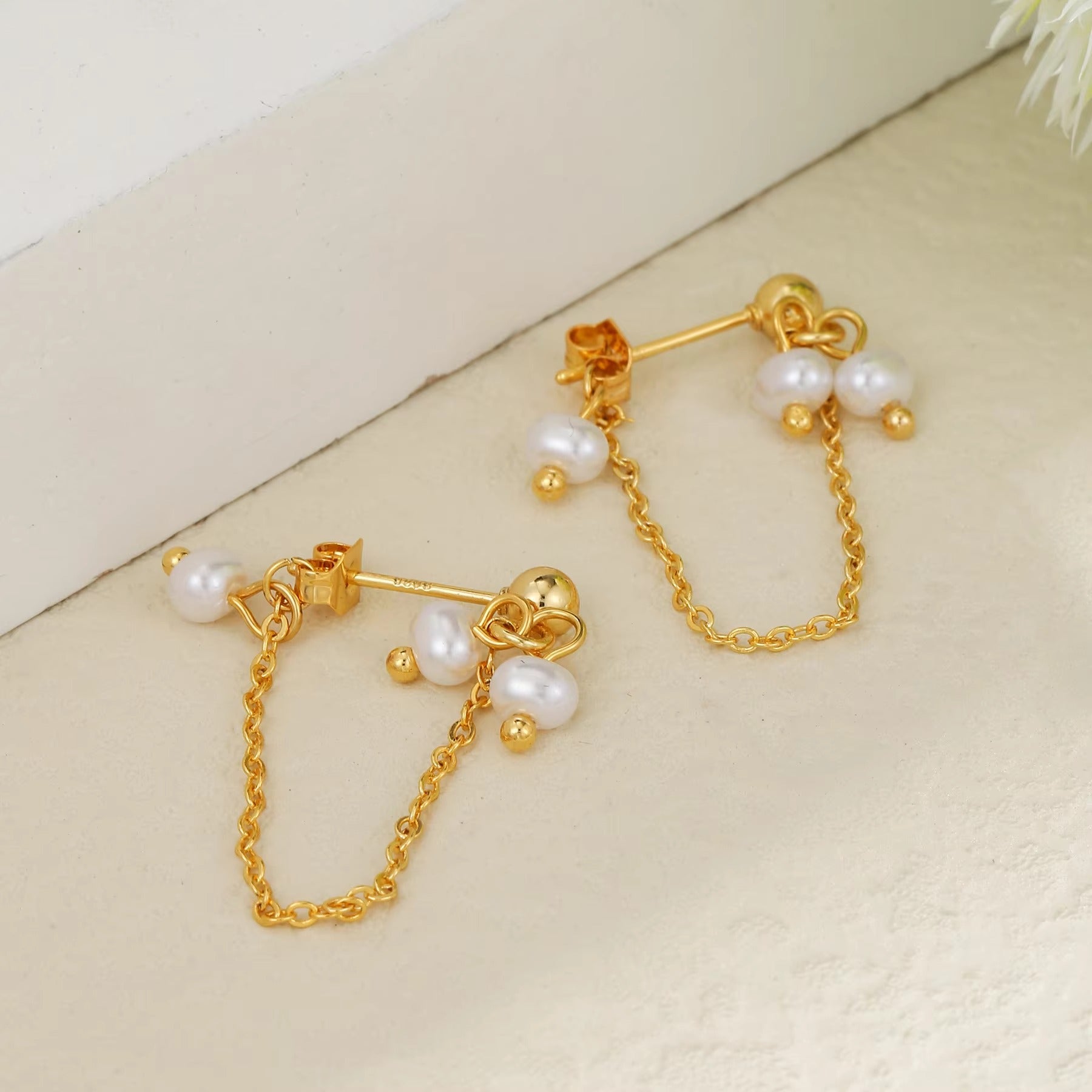 Pearl Cluster Double Chain Stud Earrings